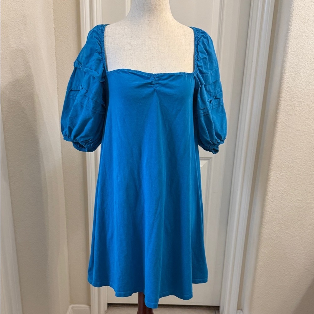 Zara Bright Blue Back-Tie Mini Dress with Puff Sleeves